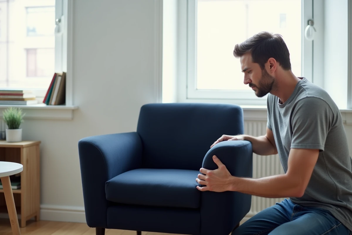 Homme comparant deux housses extensibles de tailles différentes sur un fauteuil bleu marine, illustrant les erreurs de sélection de taille de housse