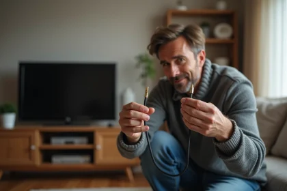 Homme d'&acirc;ge moyen compare deux c&acirc;bles coaxiaux TV