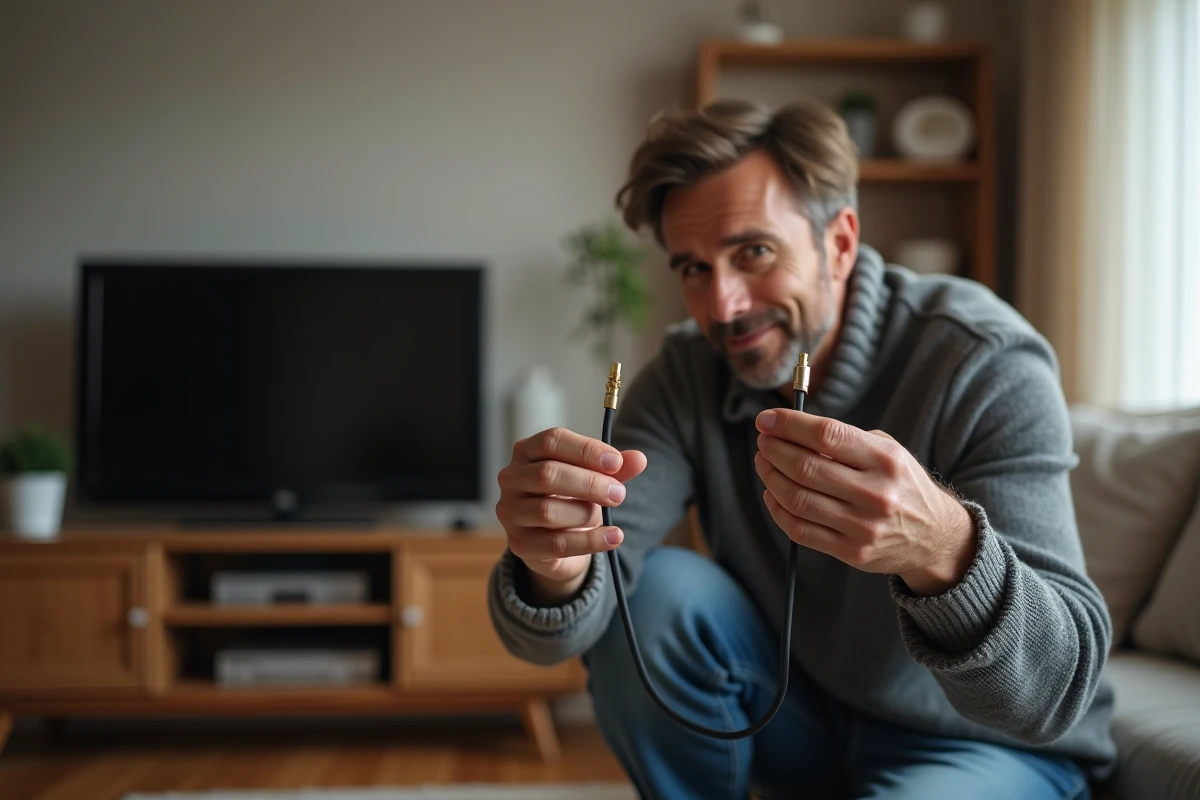 Homme d'âge moyen compare deux câbles coaxiaux TV