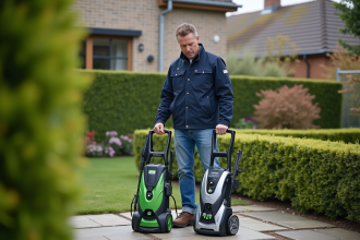 Homme d'âge moyen compare deux pompes à pression dans un jardin