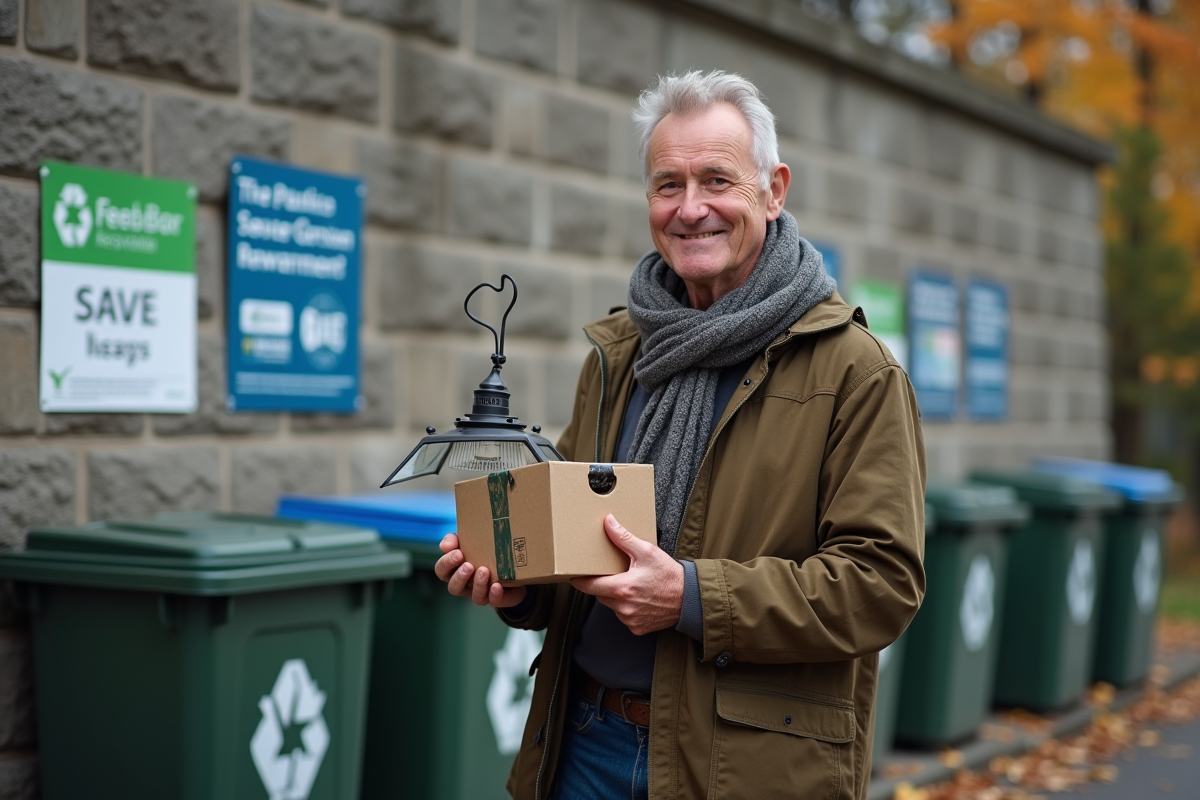 Homme déposant des dons devant un point de collecte