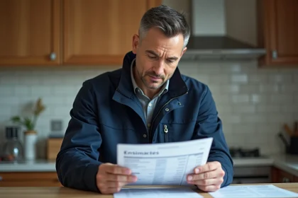 Homme d'&acirc;ge moyen v&eacute;rifiant une estimation dans une cuisine moderne