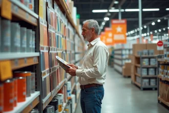 Homme d'âge moyen examinant des échantillons de peinture dans un magasin