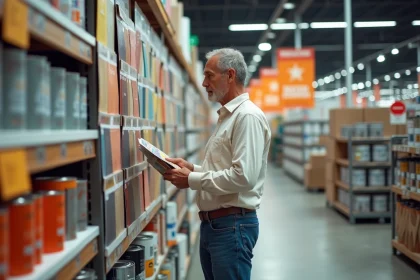 Homme d'âge moyen examinant des échantillons de peinture dans un magasin