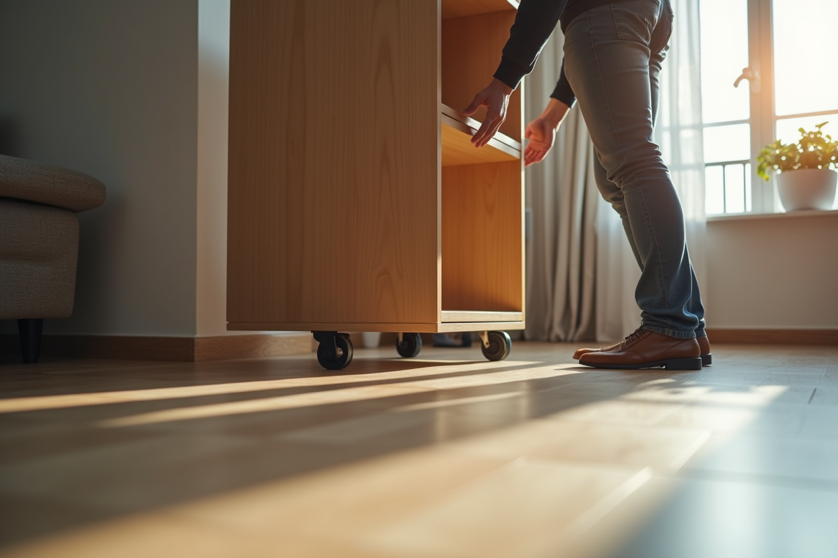 Homme utilisant des patins pour déplacer une étagère dans un appartement moderne