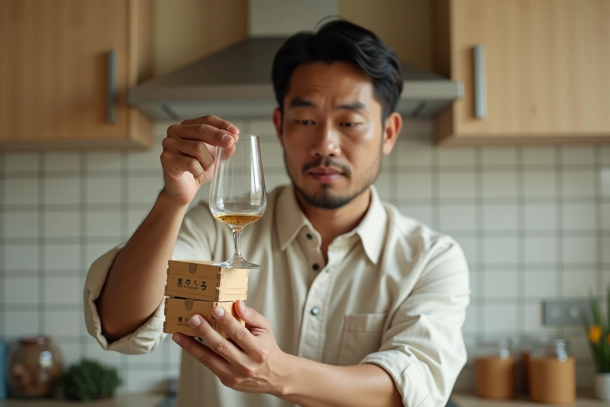 Homme inspectant un verre à whisky japonais tenu à hauteur des yeux, entouré de coffrets de verres avec inscriptions en japonais