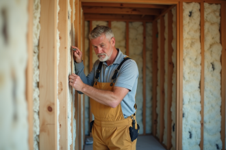 Homme en overalls mesurant l'isolation en laine minérale