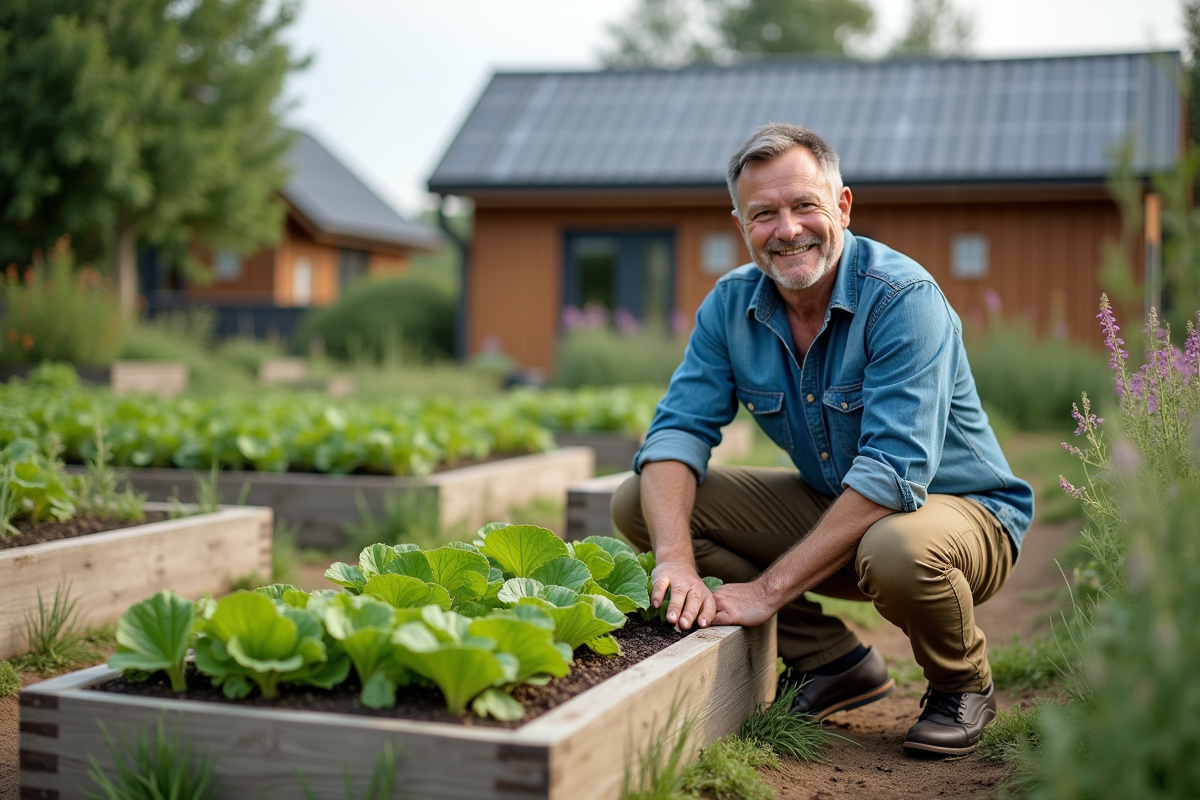 Homme dans un jardin écologique avec cabanes solaires et végétation