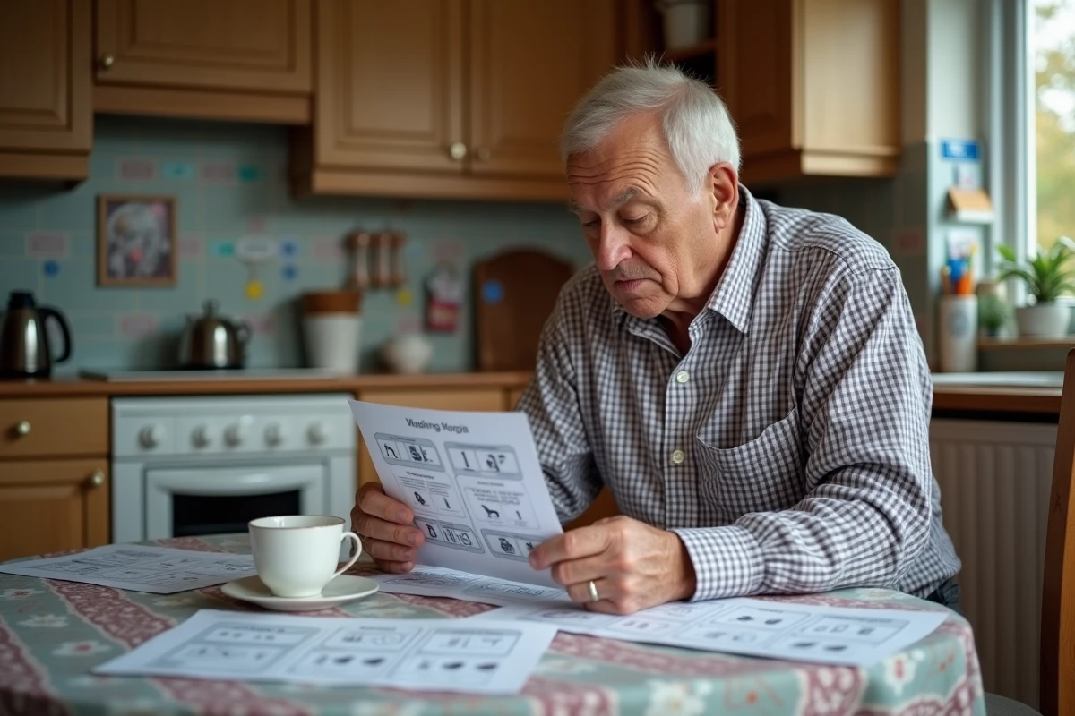 Homme âgé consulte un manuel de symboles de lavage