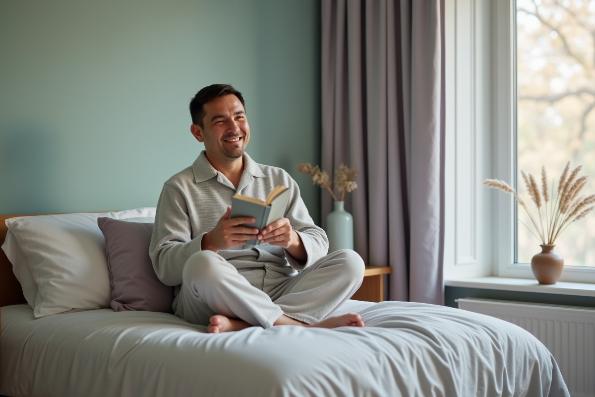 Homme souriant assis sur le lit avec livre dans une chambre apaisante