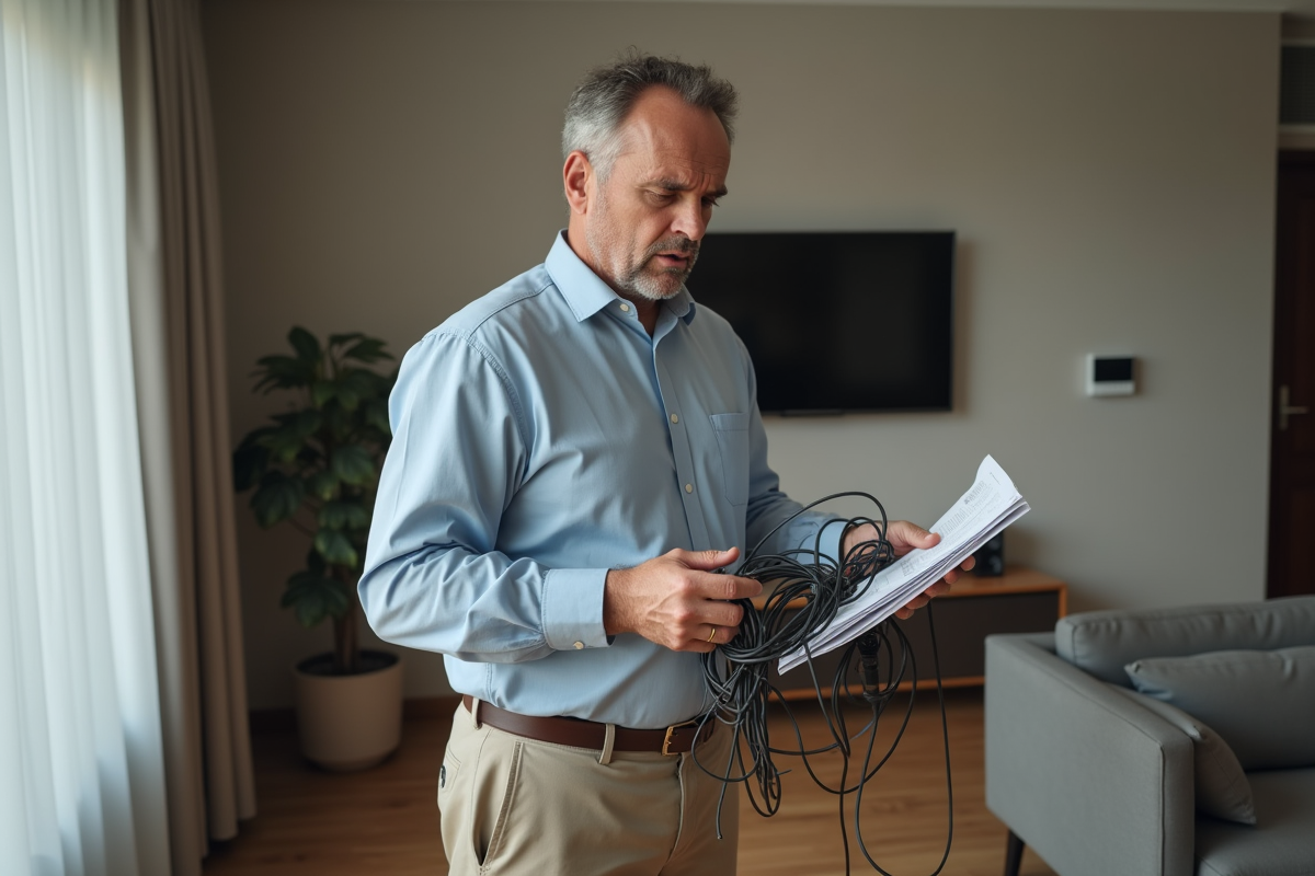 Homme frustré avec câbles d'alarme dans son salon