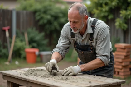 Homme en salopette mesure du mortier dans le jardin