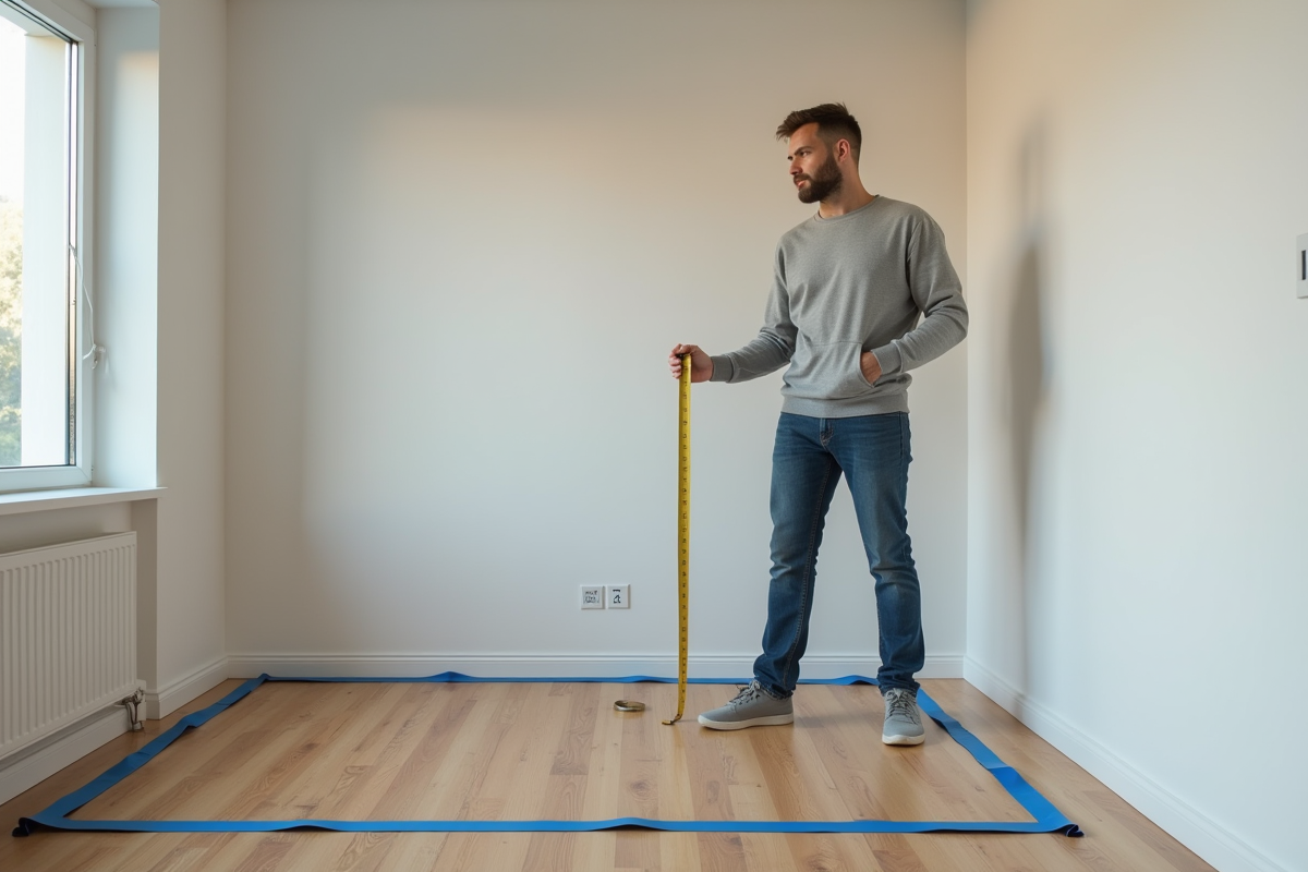 Homme mesurant un volume de 15m3 dans un salon moderne