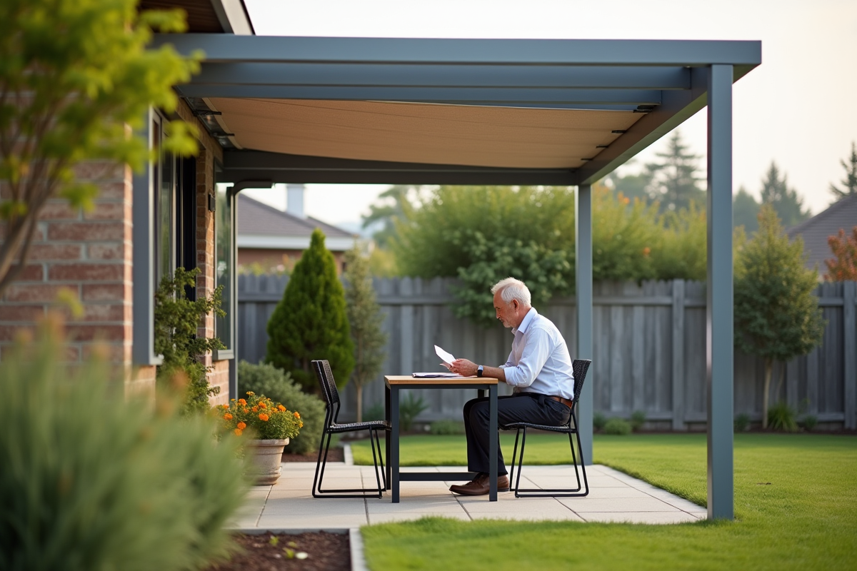 Homme âgé assis sous une pergola en aluminium dans le jardin