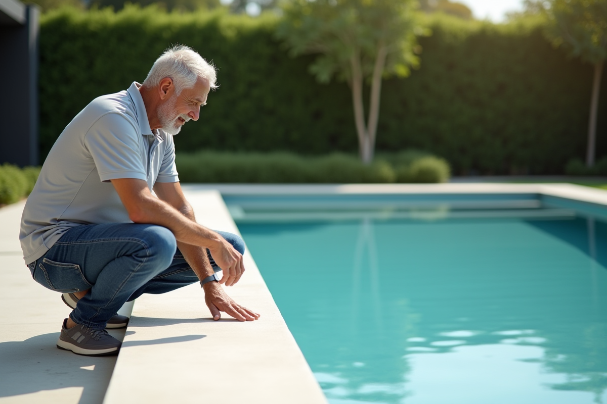 Homme d'âge moyen près d'une piscine moderne en epoxy