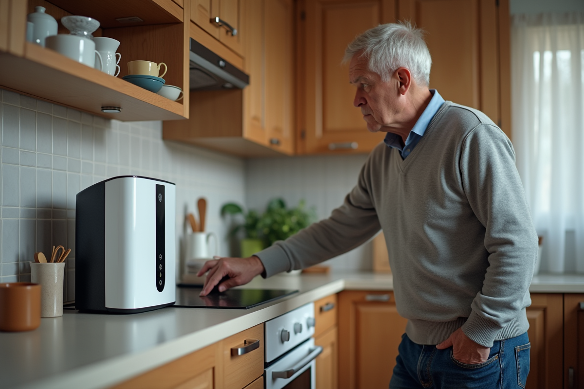Homme ajustant un purificateur d air dans la cuisine
