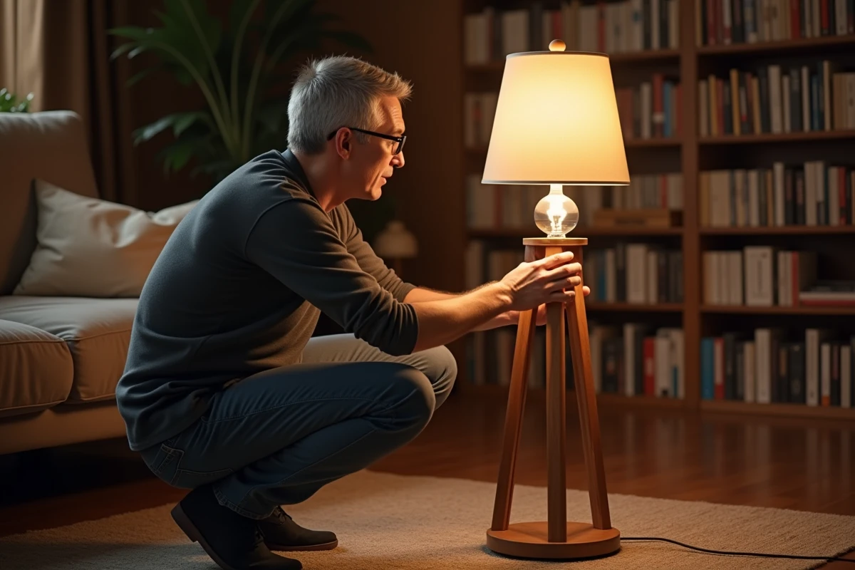 Homme remplaçant une petite ampoule globe LED dans un lampadaire de salon décoré avec soin