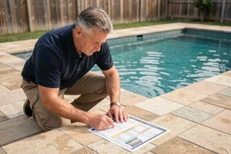 Homme adulte consultant un tableau de dosage de chlore pour piscine au bord d'une piscine extérieure résidentielle
