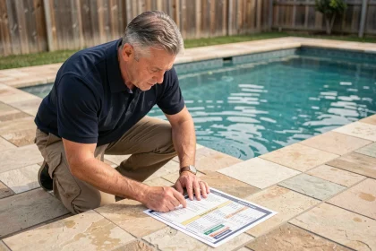Homme adulte consultant un tableau de dosage de chlore pour piscine au bord d'une piscine extérieure résidentielle