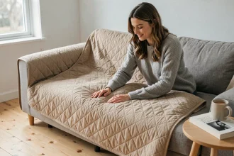 Femme installant une housse matelassée beige sur un canapé clic clac dans un salon scandinave chaleureux