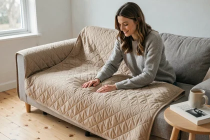 Femme installant une housse matelassée beige sur un canapé clic clac dans un salon scandinave chaleureux