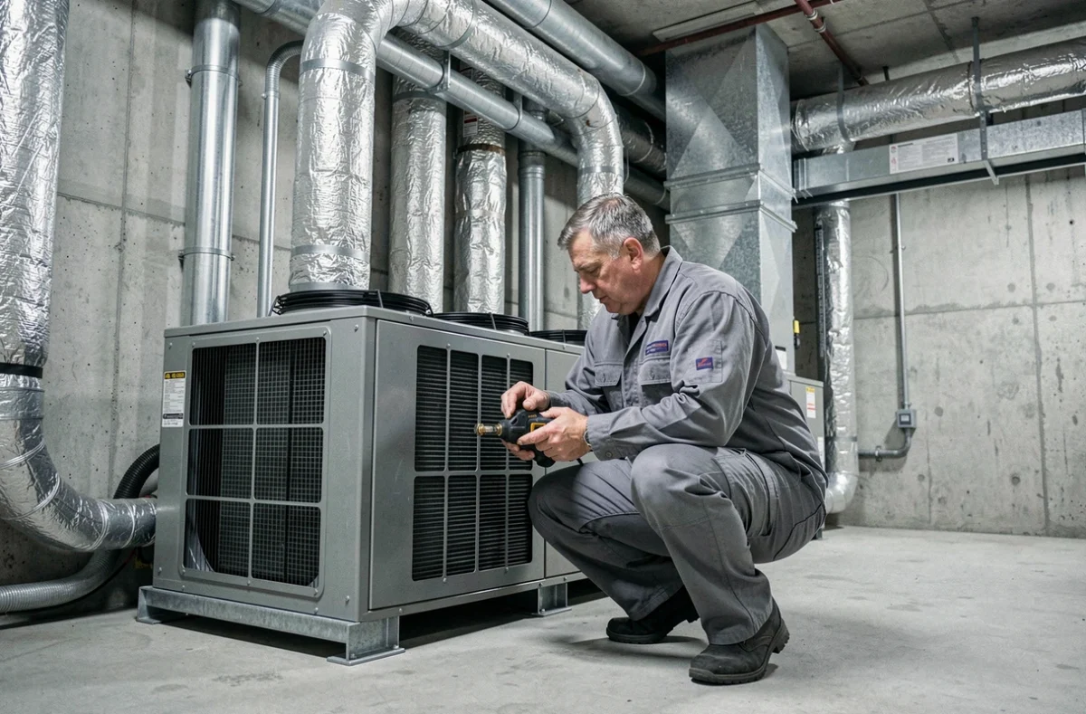 Technicien Inca SARL inspectant un système de climatisation industriel dans une salle technique