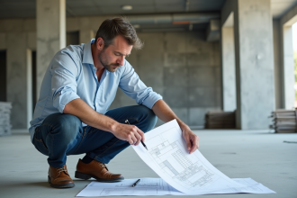 Ingénieur homme en intérieur examine un plan architectural