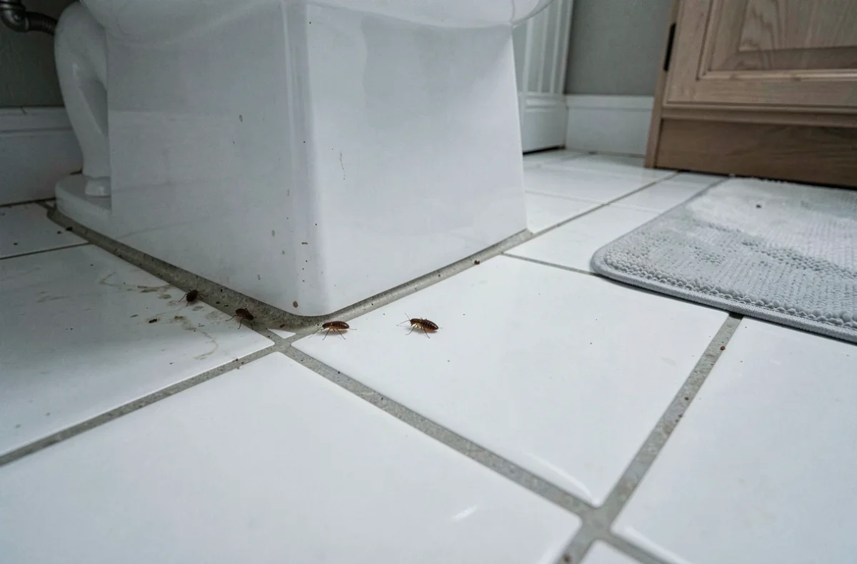 Petits insectes marrons visibles sur le carrelage d'une salle de bain près des joints de céramique