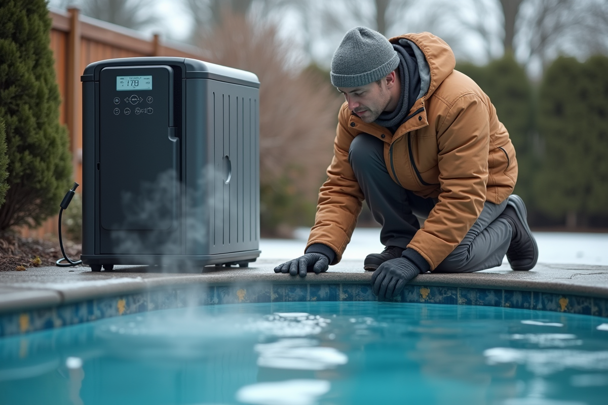 Homme d'âge moyen vérifiant une pompe à chaleur piscine en hiver