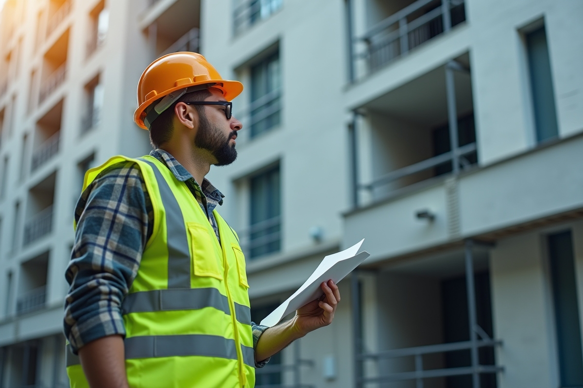 Ouvrier en gilet jaune inspectant une facade moderne