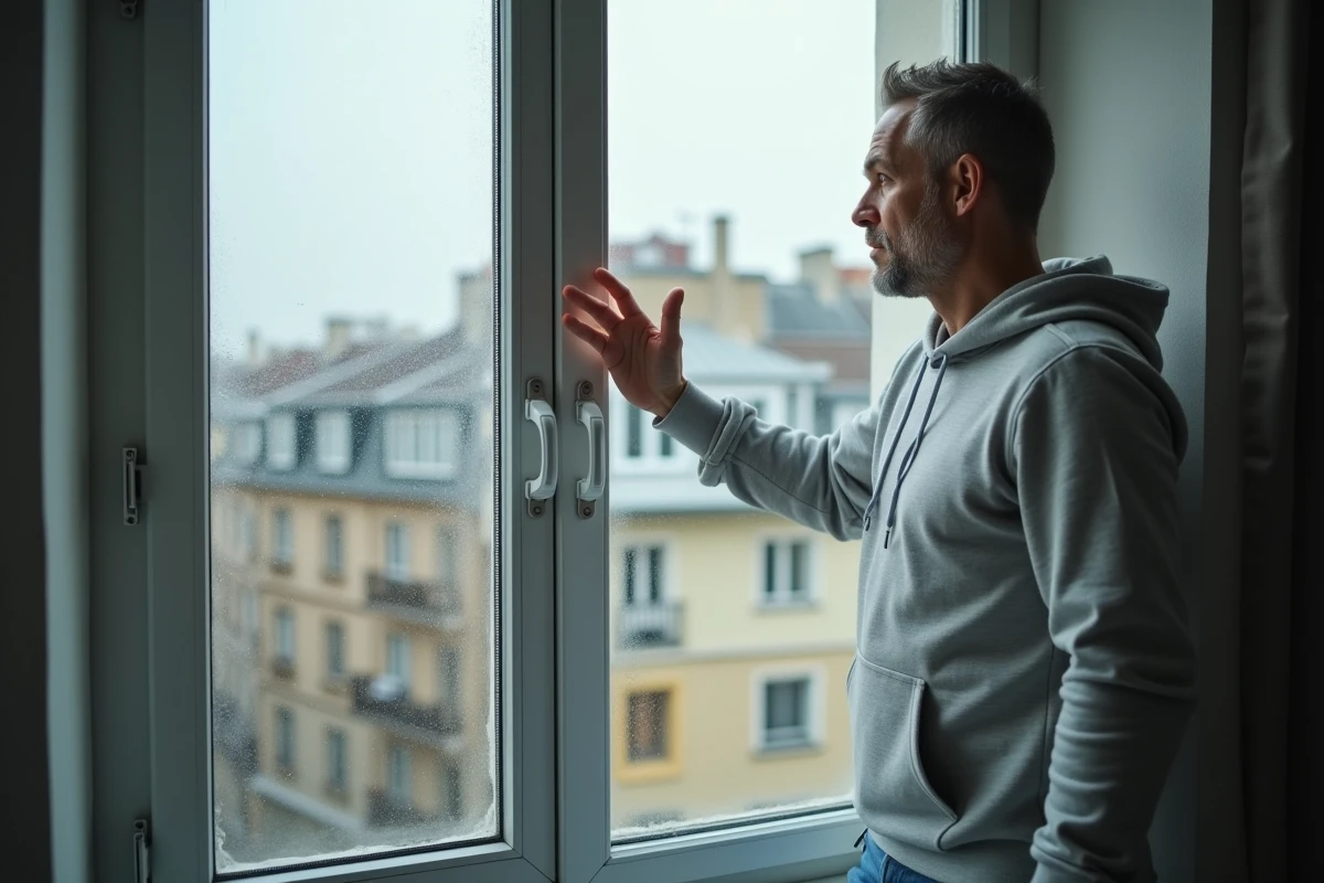 Locataire inspectant une fenêtre à simple vitrage avec condensation dans un appartement urbain