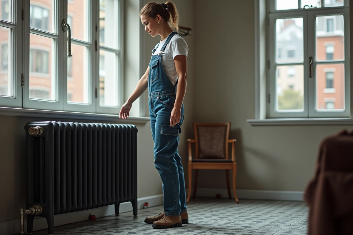 Jeune femme en overalls inspectant un radiateur dans un appartement urbain