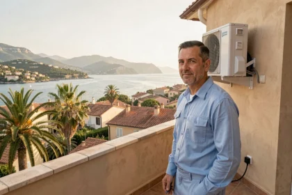 Technicien en climatisation sur une terrasse avec vue sur les Alpes-Maritimes et la Côte d'Azur