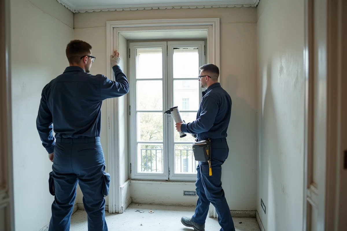 Deux ouvriers installant un double vitrage dans un appartement parisien en rénovation