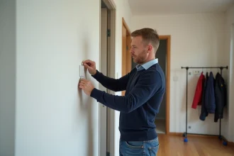 Homme installant un double interrupteur dans un couloir moderne