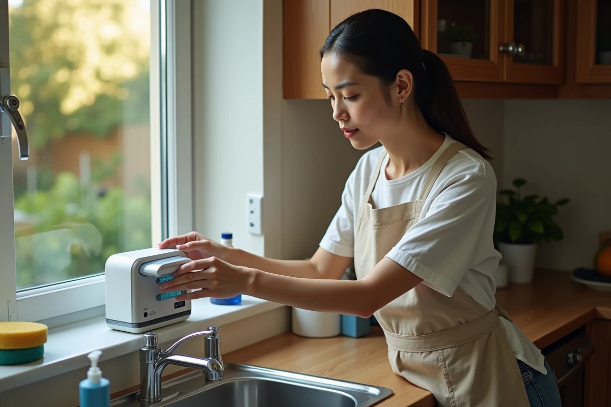 Femme installant un piège à moucherons électrique UV sur le rebord de la fenêtre au-dessus de l'évier de cuisine