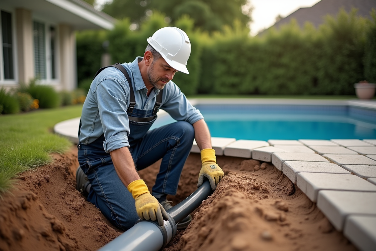 Ouvrier posant un conduit pour piscine dans un jardin