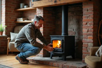 Homme posant un poêle à bois moderne dans une cheminée ancienne