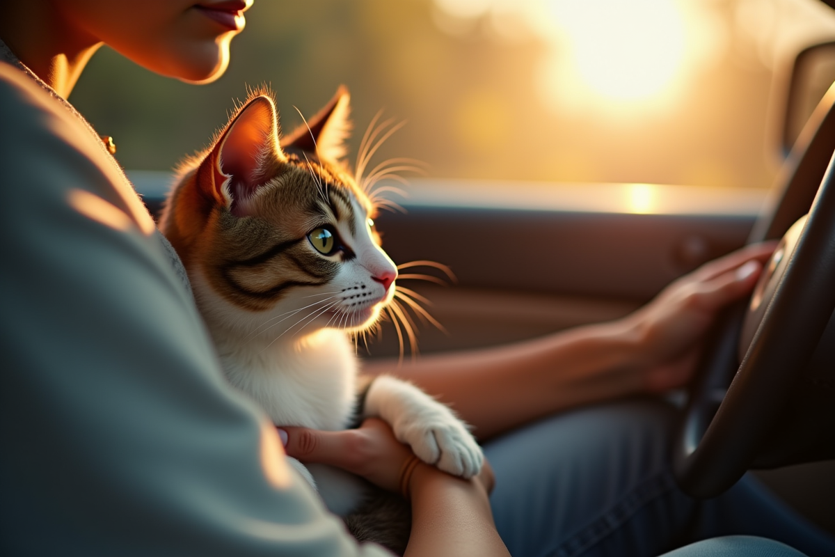 Personne caressant doucement un chat dans une voiture ensoleillée