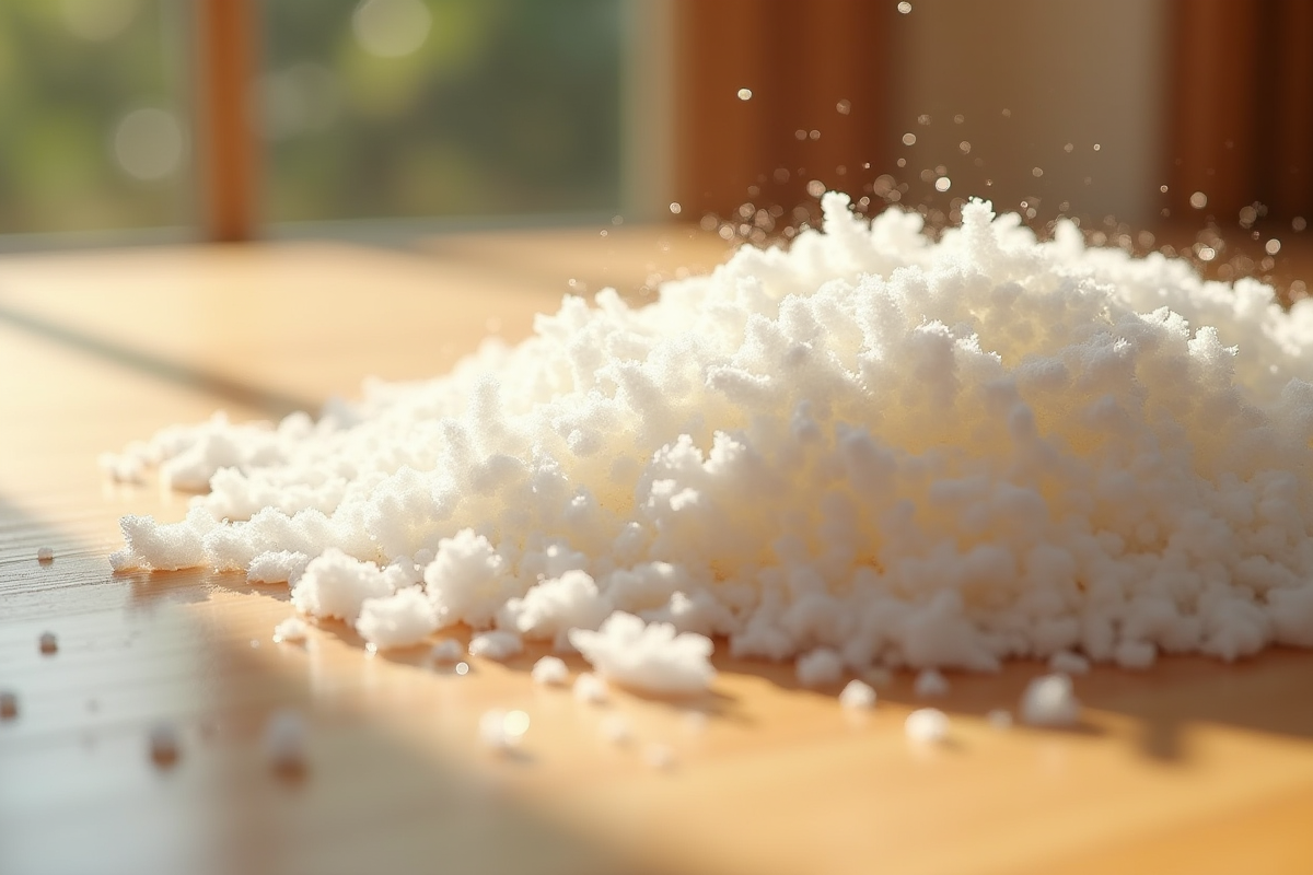 Fibres de cellulose en vrac sur bois lumineux avec gouttes d'eau