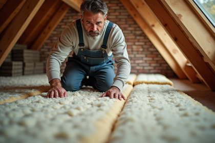 Homme en salopette posant de la laine mineral entre poutres