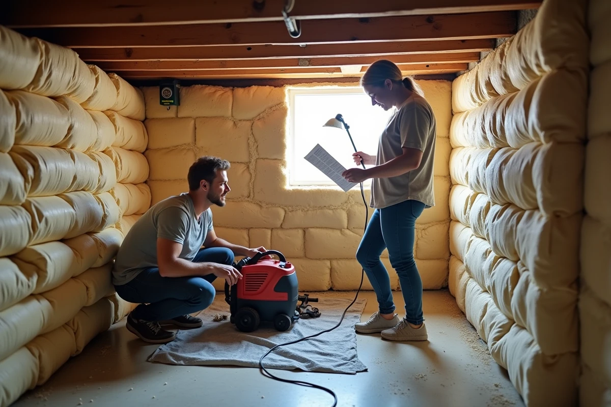 Couple en train d'isoler leur sous-sol avec une souffleuse à ouate de cellulose louée, ambiance chantier bricolage