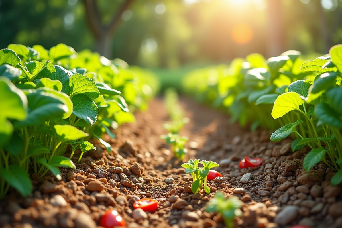 Jardin de légumes verts et colorés avec paillis naturel