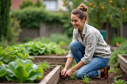 Femme dans un jardin permaculture en train de désherber