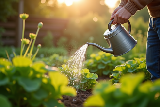 Personne arrosant un jardin potager avec un arrosoir en métal