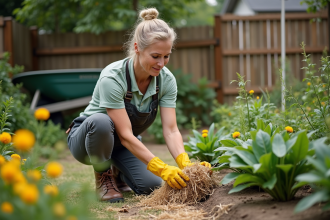 Femme en jardinage mulchant des plantes fleuries