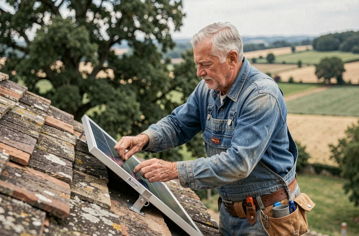 Artisan de Jean Luc Perrin et Fils posant des supports de panneaux solaires sur une ferme en pierre dans l'ouest lyonnais