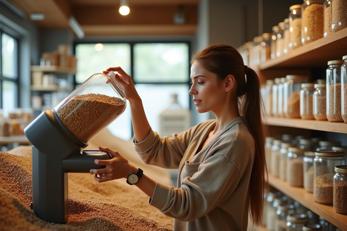 Jeune femme achetant des lentilles en vrac dans une épicerie bio