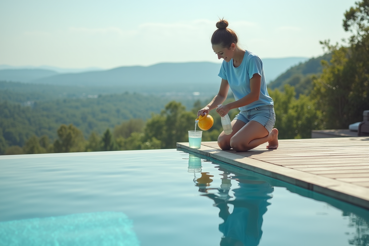 Jeune femme versant des produits dans la piscine