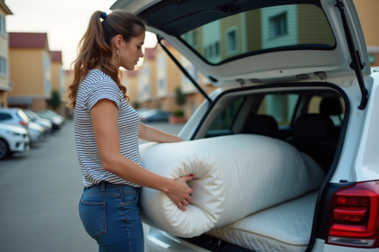 Jeune femme chargeant un matelas dans une voiture en ext&eacute;rieur